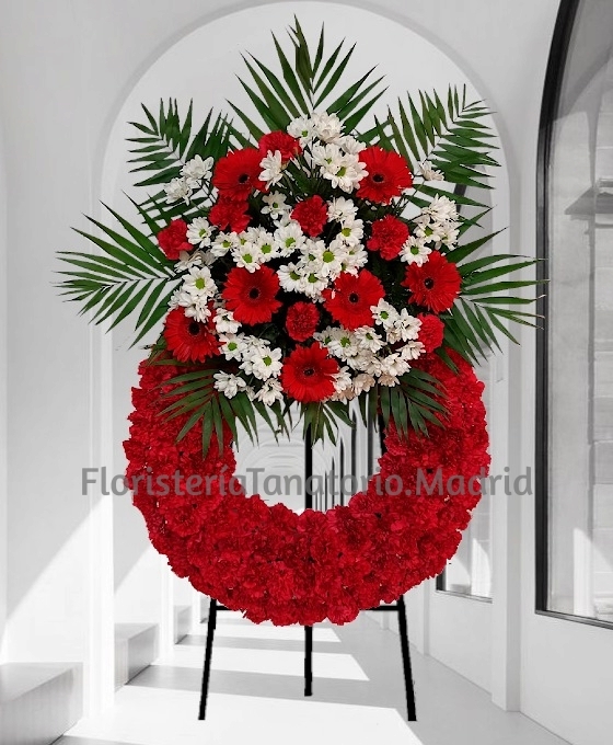 Corona funeraria en tonos blancos y rojos